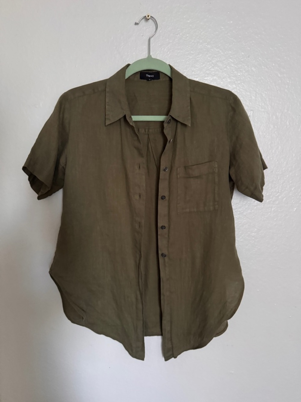 THEORY linen blend forest green tie front top